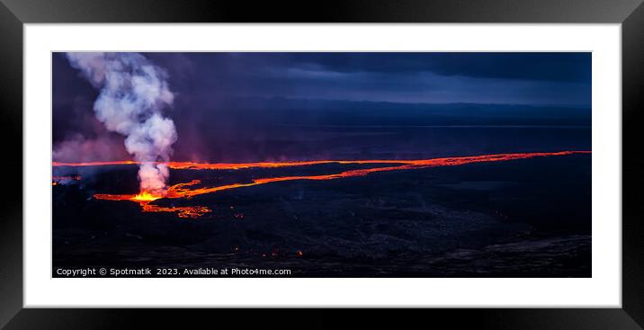 Aerial Panoramic Iceland  molten lava flowing from fissure  Framed Mounted Print by Spotmatik 