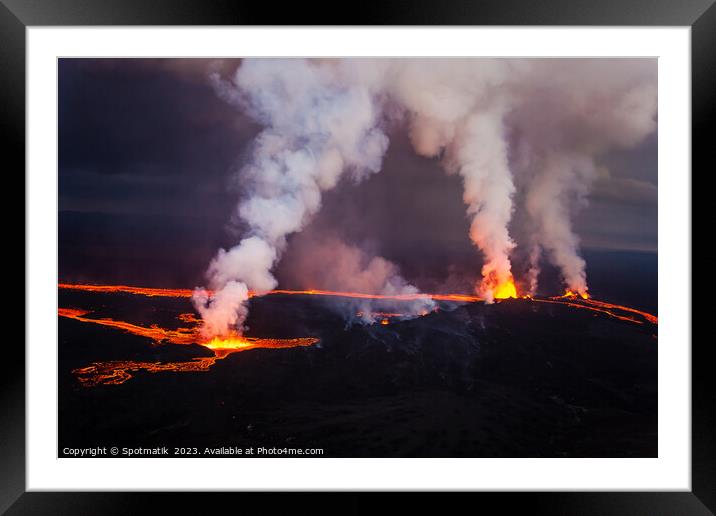 Aerial Iceland active molten lava flowing from fissures  Framed Mounted Print by Spotmatik 