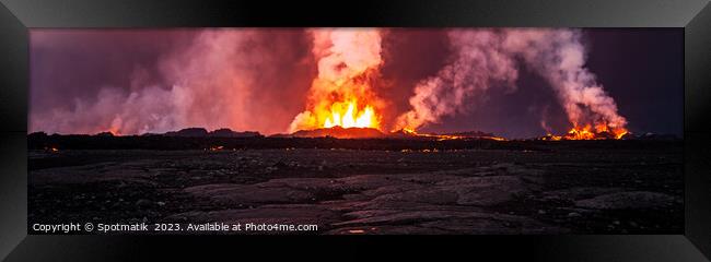 Aerial Panoramic view active volcanic erupting lava Iceland  Framed Print by Spotmatik 