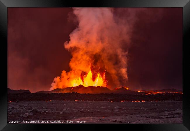 Aerial view of volcanic active lava erupting Iceland Framed Print by Spotmatik 