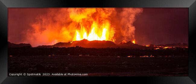 Aerial Panorama view of erupting molten lava Iceland Framed Print by Spotmatik 