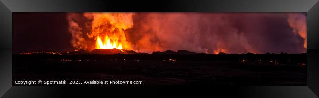 Aerial Panoramic view of active Icelandic volcanic eruptions Framed Print by Spotmatik 