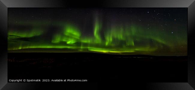 Aerial Panorama view of Aurora Borealis Northern lights  Framed Print by Spotmatik 
