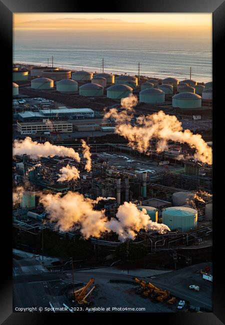 Aerial Pacific ocean view of Industrial refinery California Framed Print by Spotmatik 