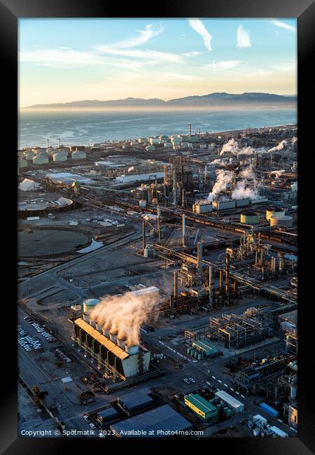 Aerial of Industrial Pacific coastal oil refinery California Framed Print by Spotmatik 