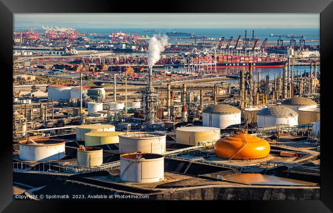 Aerial view of oil storage facility Los Angeles  Framed Print by Spotmatik 