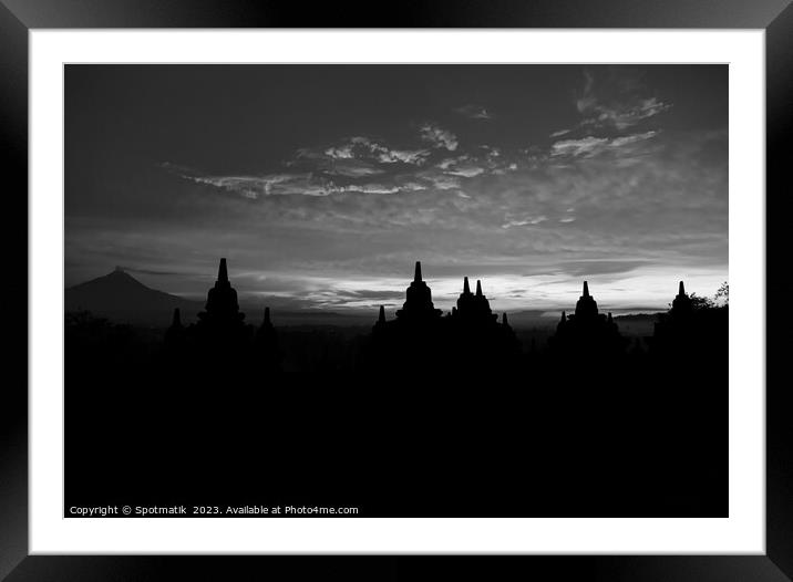 Silhouette Borobudur Landmark monument temple to Hinduism Java Framed Mounted Print by Spotmatik 