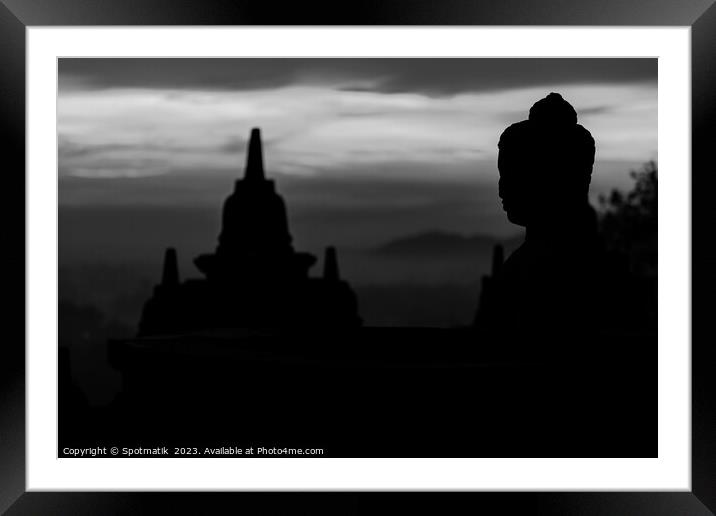Silhouette at sunrise of Borobudur religious temple Indonesia  Framed Mounted Print by Spotmatik 