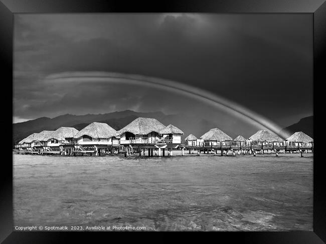 Bora Bora rainbow above Overwater Bungalows French Polynesia  Framed Print by Spotmatik 