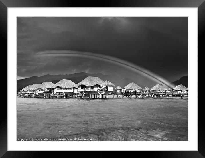 Bora Bora rainbow above Overwater Bungalows French Polynesia  Framed Mounted Print by Spotmatik 