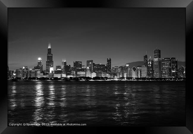 Chicago illuminated view at dusk city skyscrapers USA Framed Print by Spotmatik 