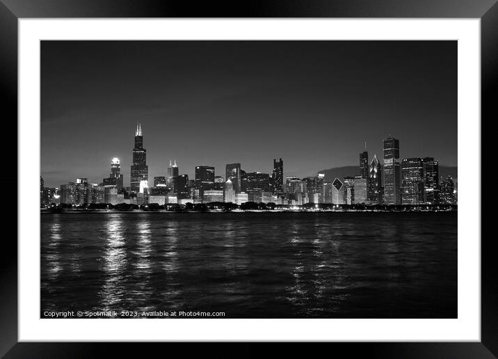 Chicago illuminated view at dusk city skyscrapers USA Framed Mounted Print by Spotmatik 