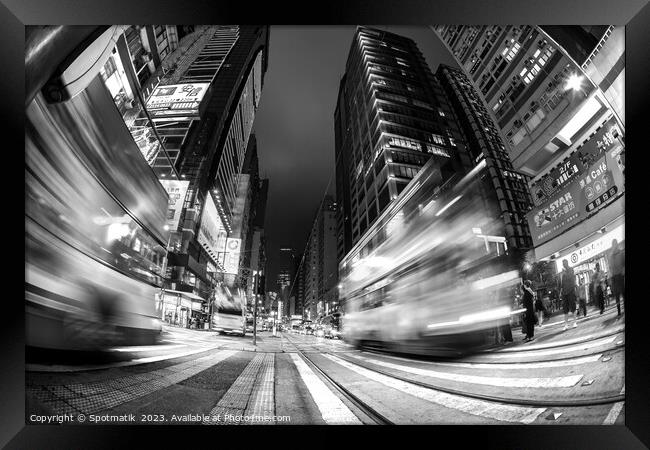 Hong Kong illuminated busy street intersection Kowloon Asia Framed Print by Spotmatik 