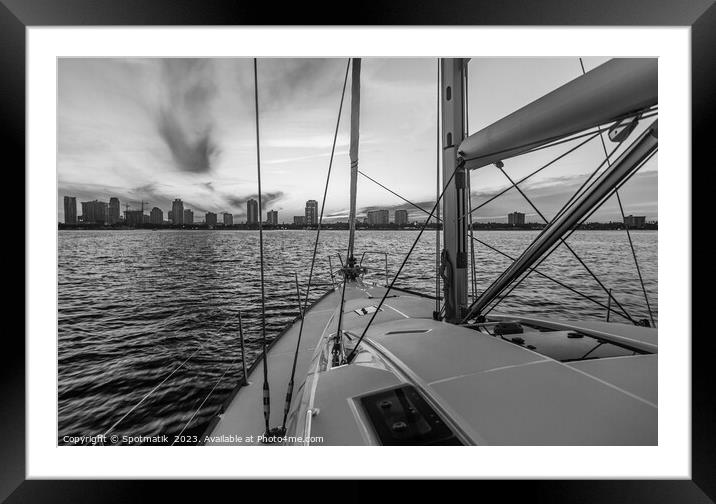 Cityscape view from luxury yacht with beautiful sunrise Framed Mounted Print by Spotmatik 