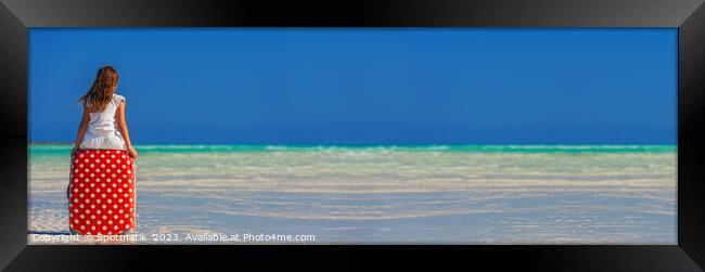 Panorama Portrait of girl cruise travel luggage on beach Framed Print by Spotmatik 