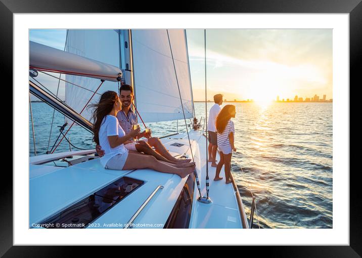 Fun family vacation on luxury yacht at sunrise Framed Mounted Print by Spotmatik 