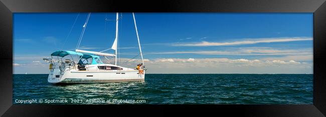 Panoramic Luxury yacht sailing in tropical seas on vacation Framed Print by Spotmatik 