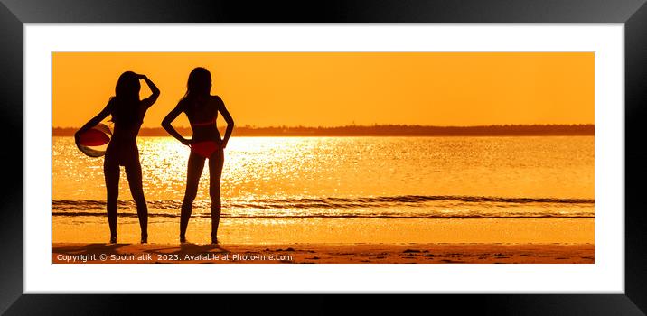 Panoramic tropical ocean sunrise with friends holding ball Framed Mounted Print by Spotmatik 
