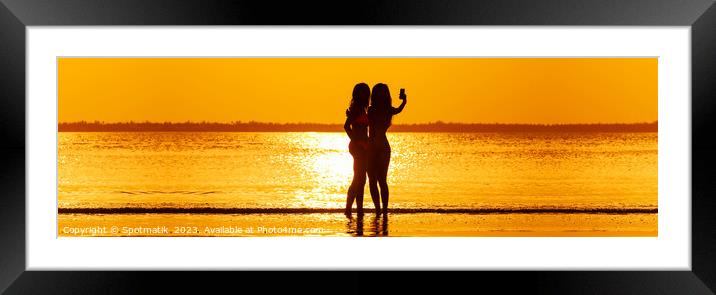 Panoramic tropical ocean sunrise with friends taking selfie Framed Mounted Print by Spotmatik 