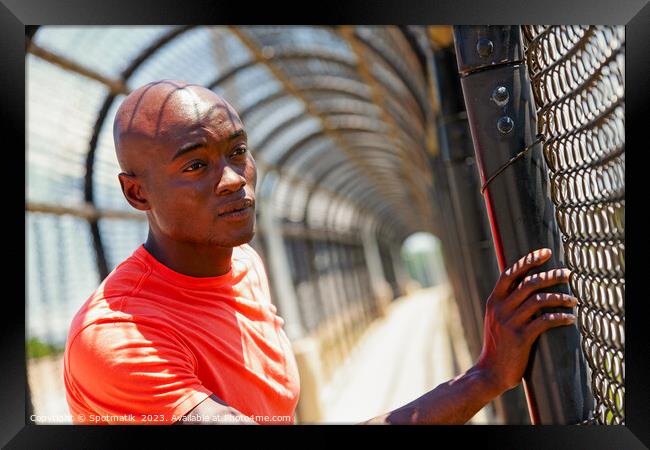 African American male looking though fence after exercising Framed Print by Spotmatik 