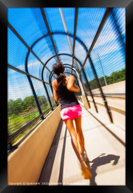 Young African American female jogging along arched walkway Framed Print by Spotmatik 