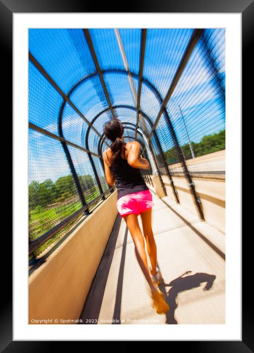 Young African American female jogging along arched walkway Framed Mounted Print by Spotmatik 