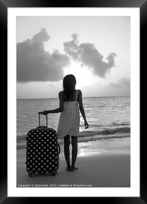 Young woman with suitcase enjoying tropical ocean sunrise Framed Mounted Print by Spotmatik 