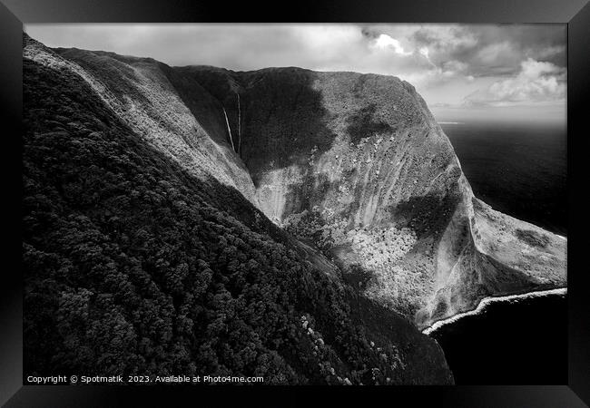 Aerial Molokai coastal rainforest waterfalls with lush foliage  Framed Print by Spotmatik 