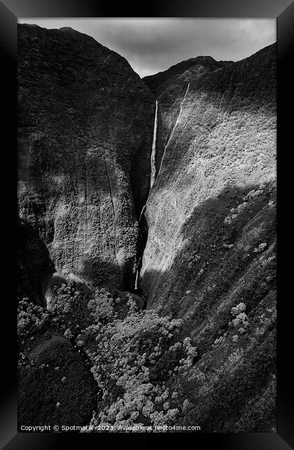 Aerial Molokai valley waterfalls a volcanic Pacific ocean  Framed Print by Spotmatik 