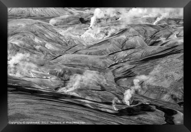 Aerial natural steam rising fissures Landmannalaugar  Framed Print by Spotmatik 
