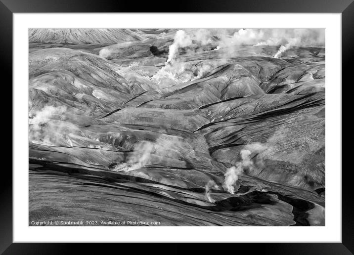 Aerial natural steam rising fissures Landmannalaugar  Framed Mounted Print by Spotmatik 