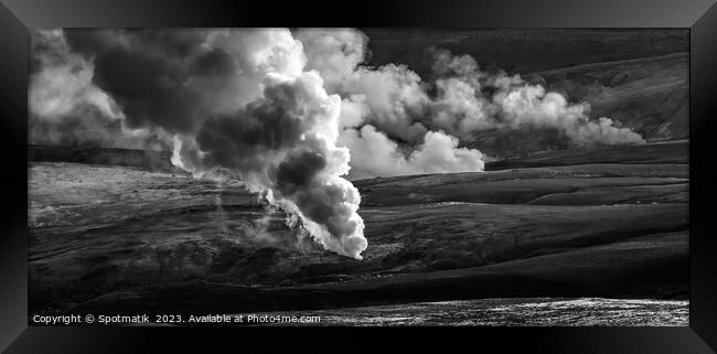 Aerial panorama hot steam gases geothermal activity  Framed Print by Spotmatik 