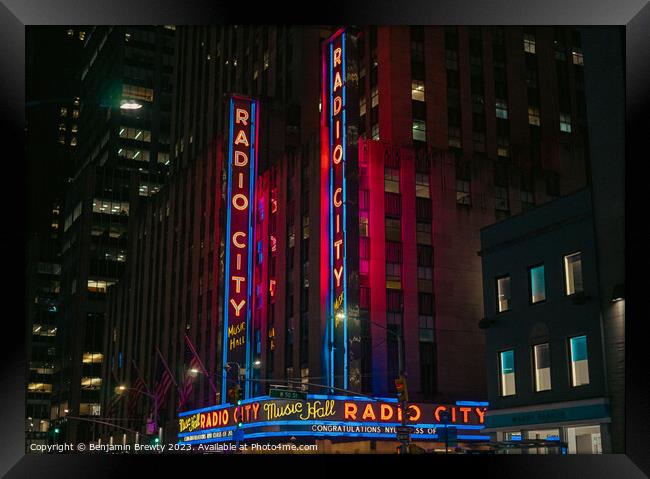 Radio City Music Hall Neon Lights Framed Print by Benjamin Brewty