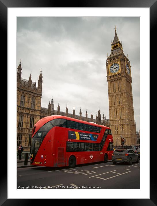 London Bus Outside Big Ben Framed Mounted Print by Benjamin Brewty