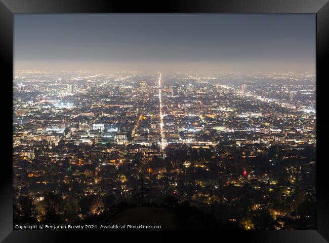 Los Angeles Skyline At Night Framed Print by Benjamin Brewty