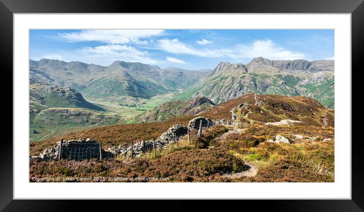 lake District Lingmoor fell stone wall leading to Langdale Pikes Framed Mounted Print by Julian Carnell