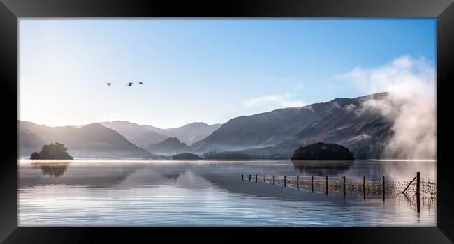 Derwent Water in Winter with geese flying over head Framed Print by Julian Carnell