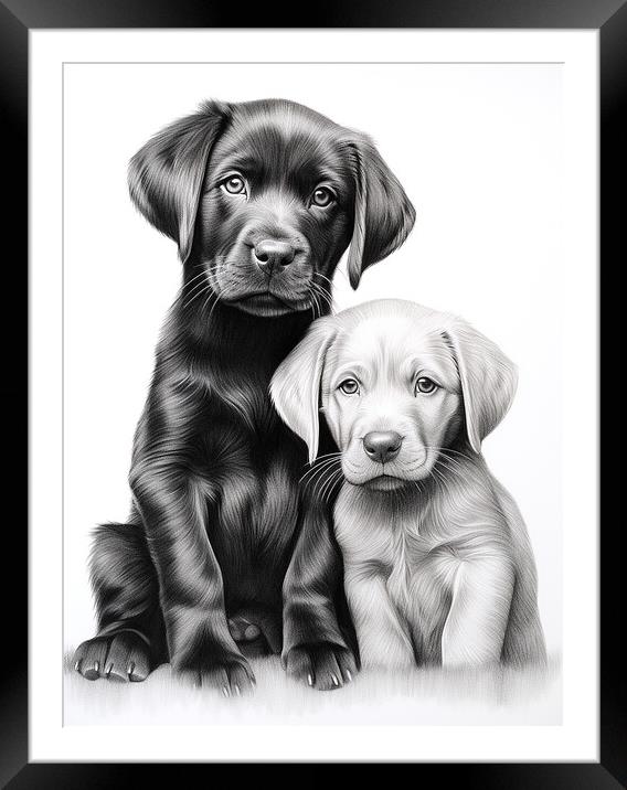 Pencil Drawing Labrador Puppies Framed Mounted Print by Steve Smith