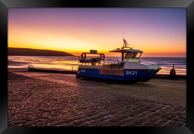 Filey fishing boat ramp at sunrise Framed Print by Tim Hill