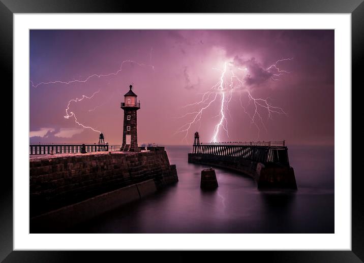 Lightning out to sea from Whitby Pier Framed Mounted Print by Tim Hill