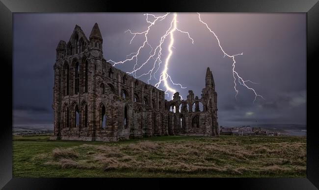 Lightning over Whitby Abbey in Yorkshire Framed Print by Tim Hill