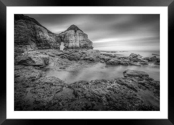 Thornwick Bay Cliff Arch in Black and White Framed Mounted Print by Tim Hill