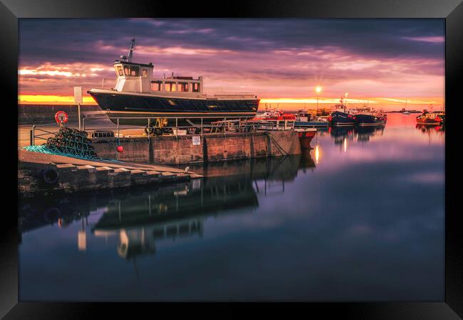 Peaceful Heron Fishing in a Mirrored Sunrise Framed Print by Tim Hill