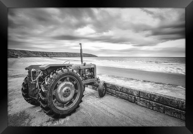 Filey Beach Tractor Black and White Framed Print by Tim Hill