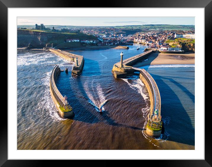 Boat leaves Whitby Harbour Framed Mounted Print by Tim Hill