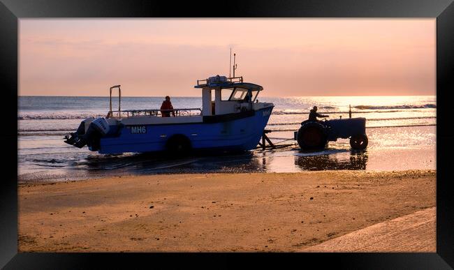 Redcar Fishing Boat and Tractor at Sunrise Framed Print by Tim Hill