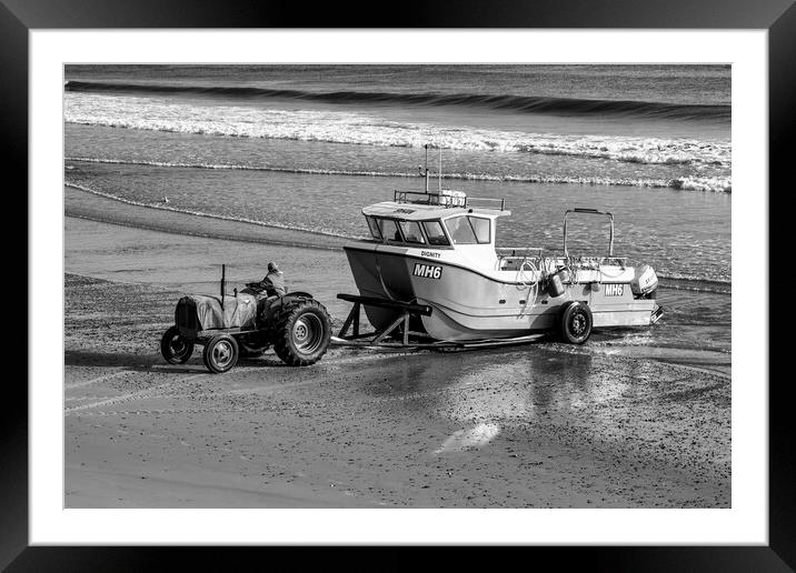 Redcar Beach Tractor Black and White Framed Mounted Print by Tim Hill