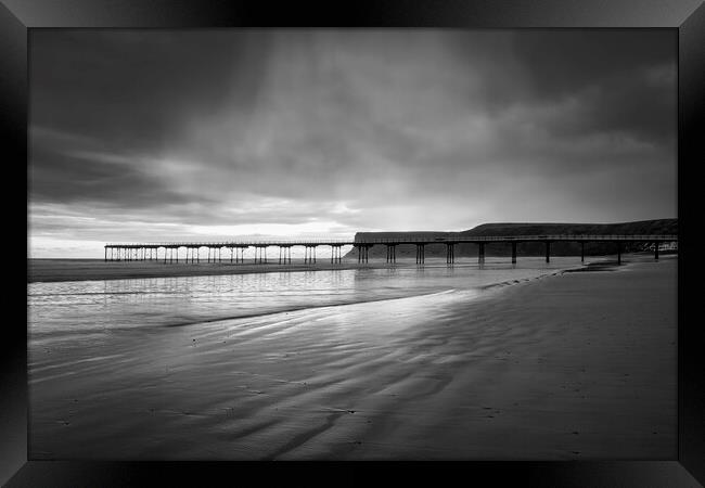 Saltburn Black and White: Rainy Sunrise Framed Print by Tim Hill