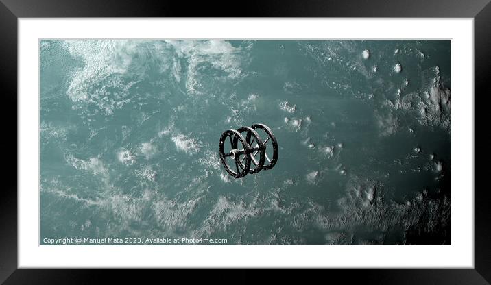 Spaceship overflying exoplanet Kepler 22b Framed Mounted Print by Manuel Mata