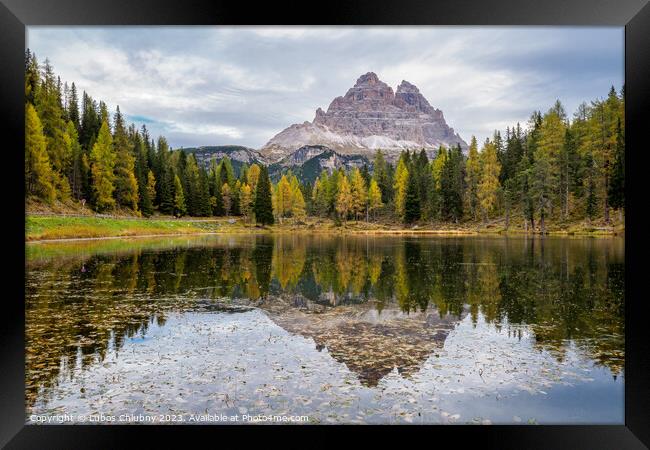 Tre Cime di Lavaredo peaks and Lake Antorno with sky reflection  Framed Print by Lubos Chlubny